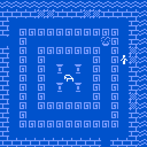 Low-res animated pixel art depicting a monochrome palace scene with Mediterranean motifs.