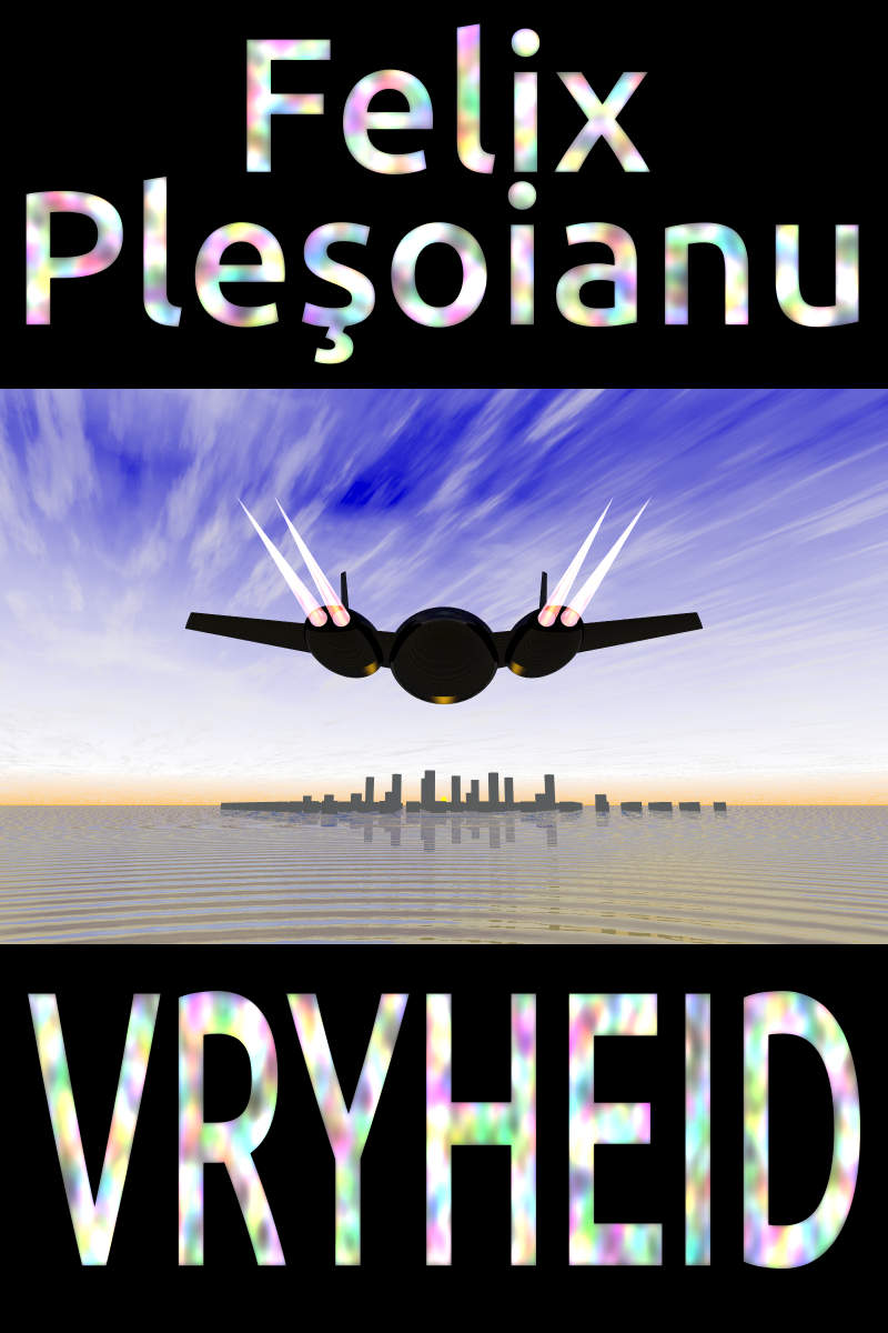 Book cover depicting a futuristic aircraft headed towards a city on the water at sunrise.