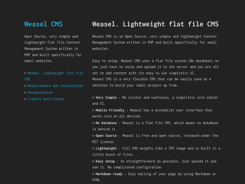 Screenshot of a minimal website with a dark color scheme and elegant two-column design.