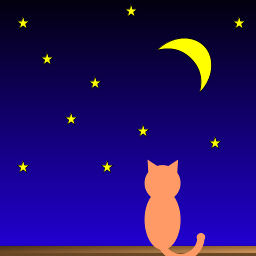 Minimal vector art of an orange cat sitting on a windowsill, silhouetted against the night sky.